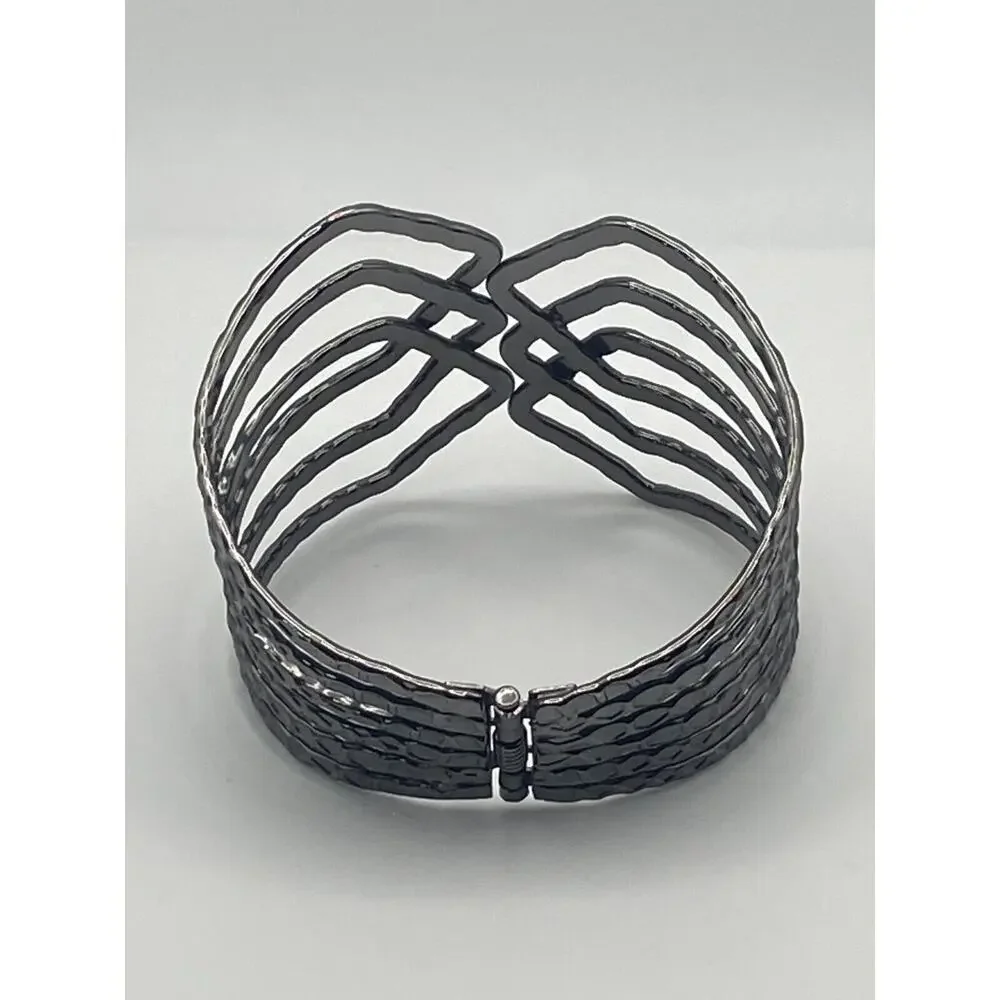Gun Metal Gray Hammered Open Weave Wide Clamper Cuff Statement Bold Bracelet - Picture 4 of 9